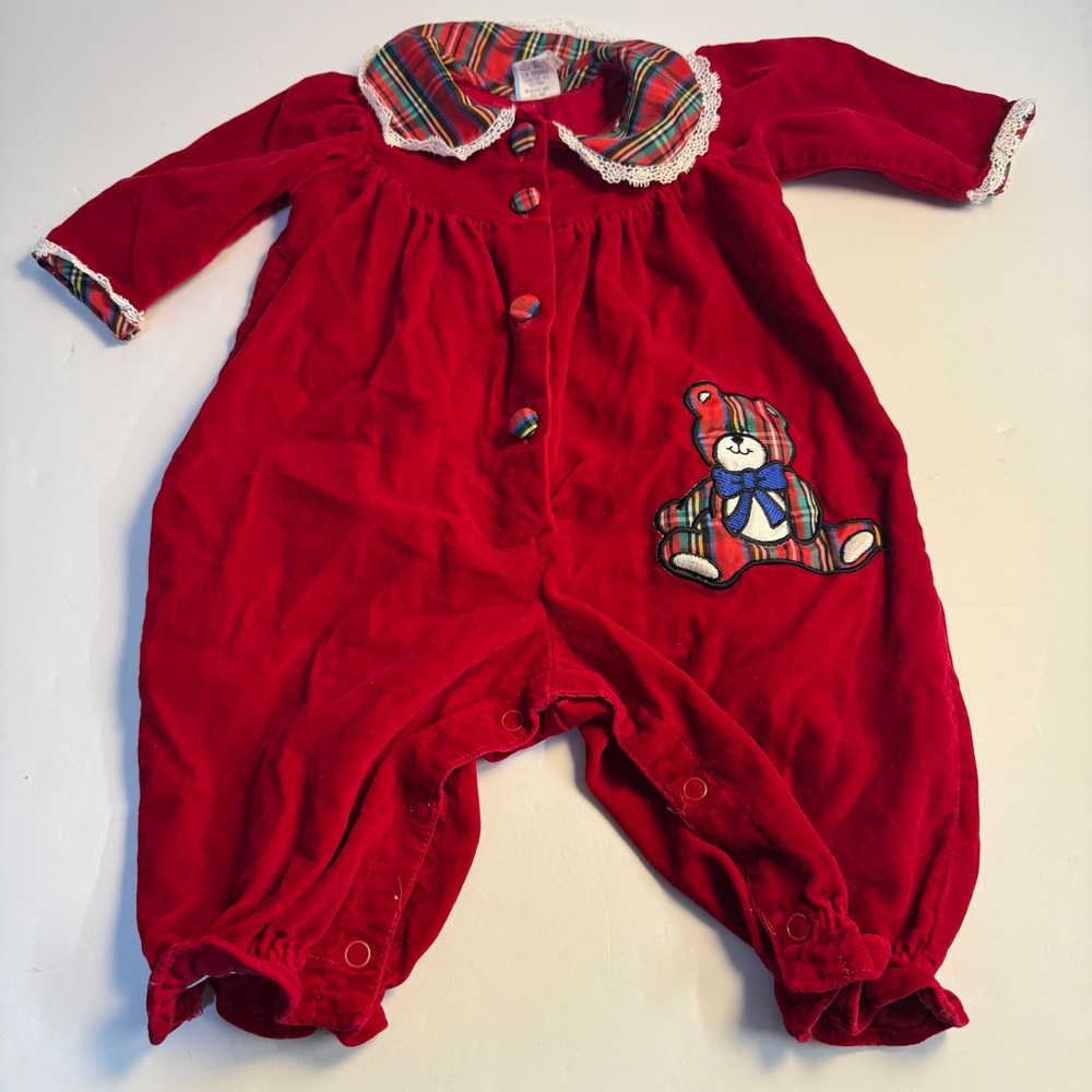 Vintage Red Velvet Baby Romper Plaid Lace Collar Teddy Bear Holiday 3-6 Months